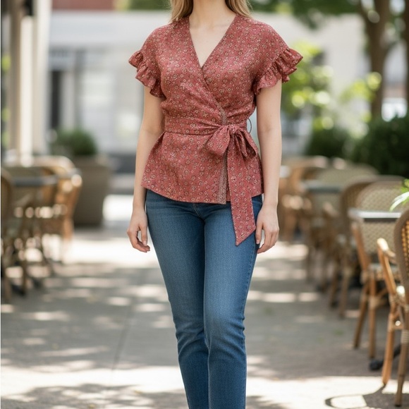 Max Studio Rust Floral Wrap Blouse - Picture 1 of 3